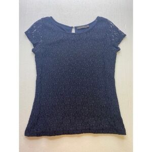The Limited Navy Blue Lace Short Sleeve Keyhole Back Top Womens Medium